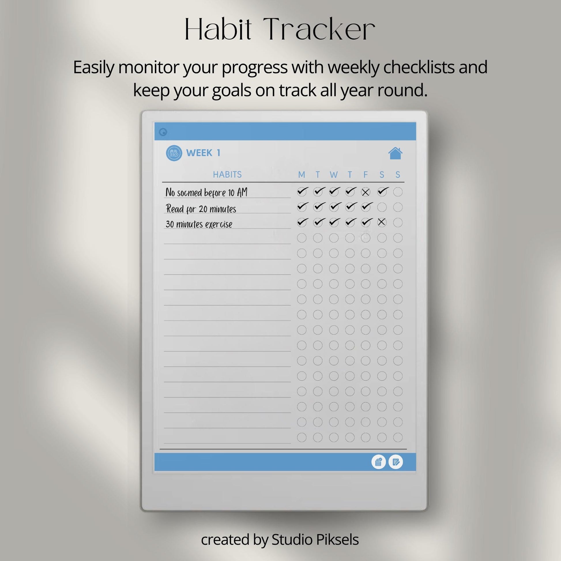 Habit Tracker for reMarkable Paper Pro: 52-Week Habit Planning Notebook with Weekly Habit Lists, Notes & Checklists