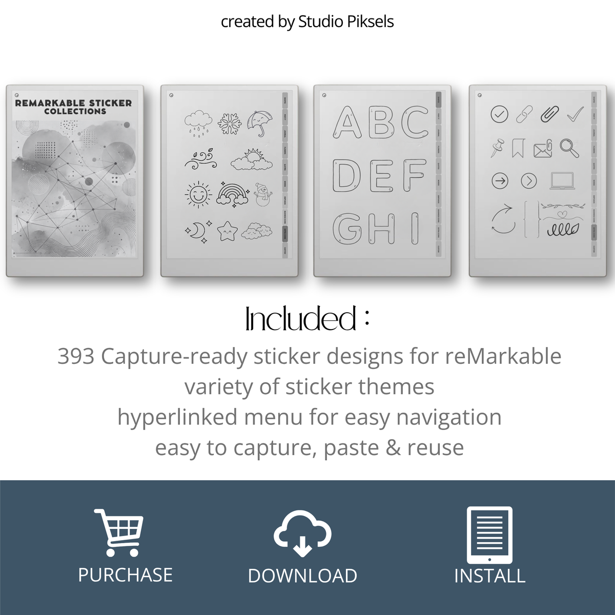 393 digital stickers for reMarkable Paper Pro and reMarkable 2 with shapes, icons, journaling elements, and decorative visuals for Capture Tool.