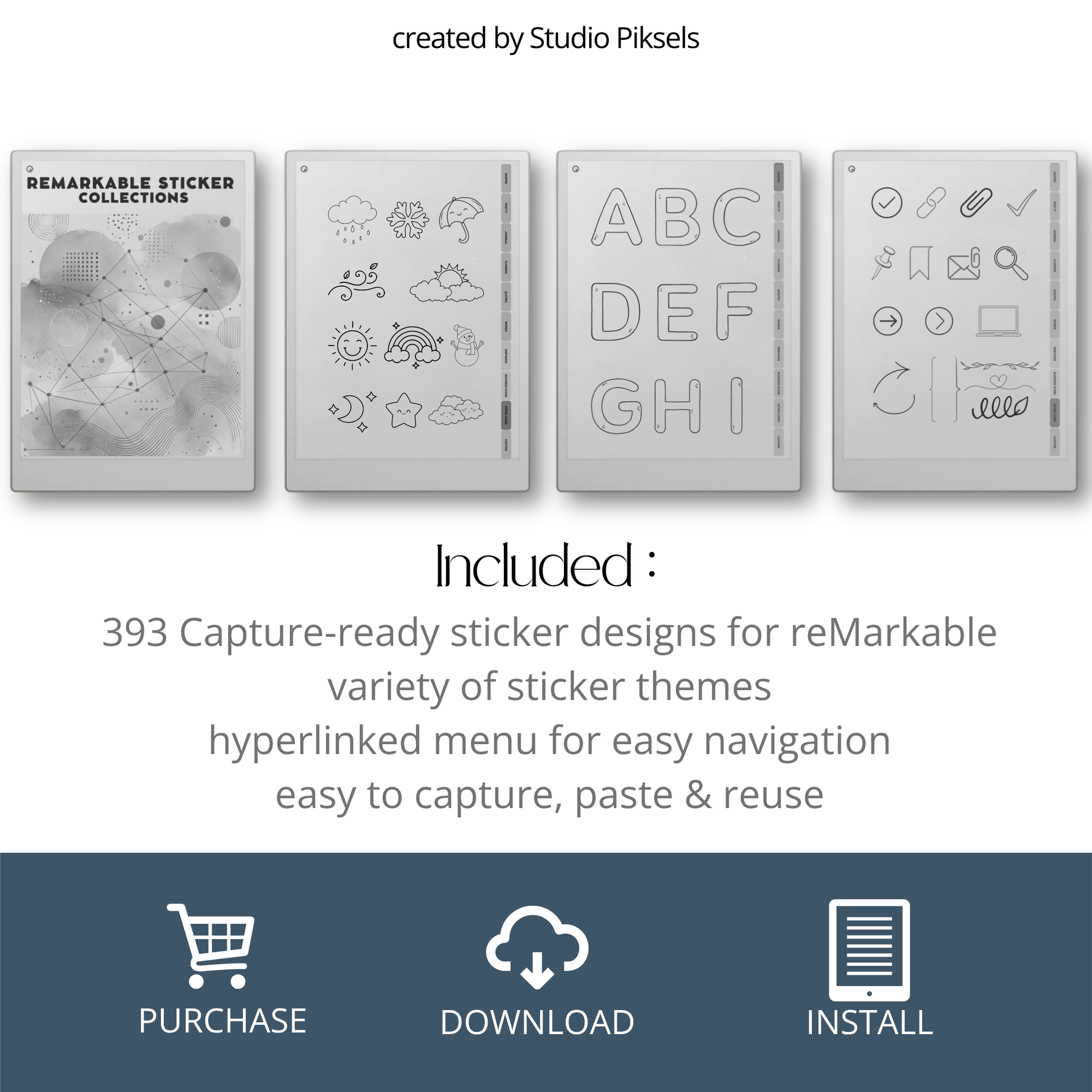 393 digital stickers for reMarkable Paper Pro and reMarkable 2 with shapes, icons, journaling elements, and decorative visuals for Capture Tool.