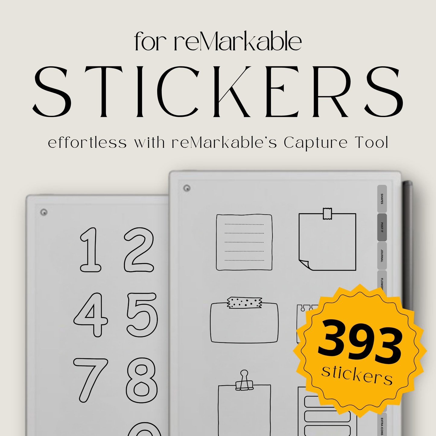 Digital sticky note stickers for reMarkable Paper Pro Move with square, lined, shaped, horizontal, and list memo designs for the Capture Tool.