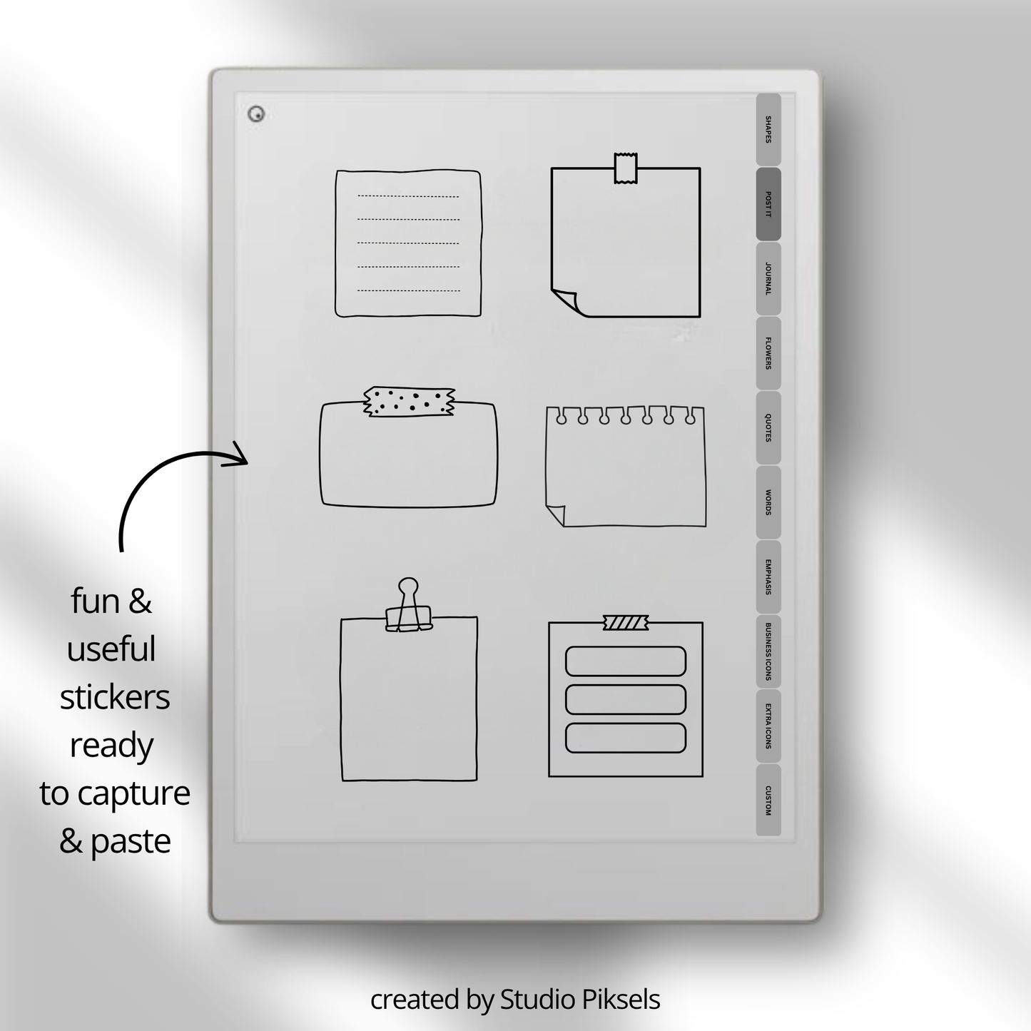 393 digital stickers for reMarkable Paper Pro and reMarkable 2 with shapes, icons, journaling elements, and decorative visuals for Capture Tool.