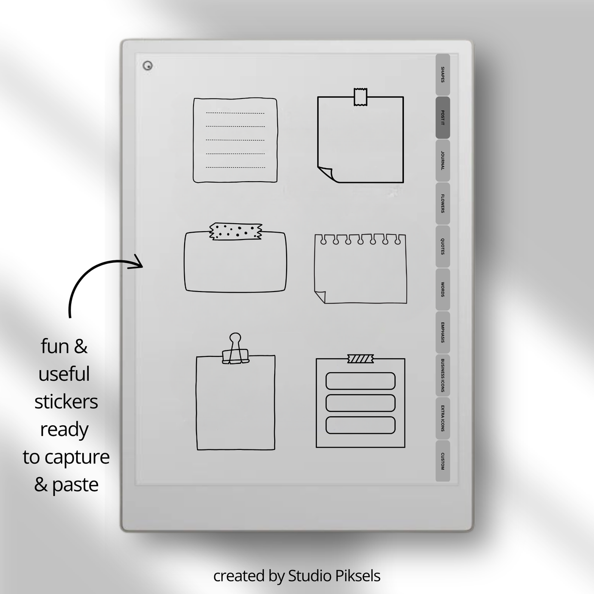 393 digital stickers for reMarkable Paper Pro and reMarkable 2 with shapes, icons, journaling elements, and decorative visuals for Capture Tool.