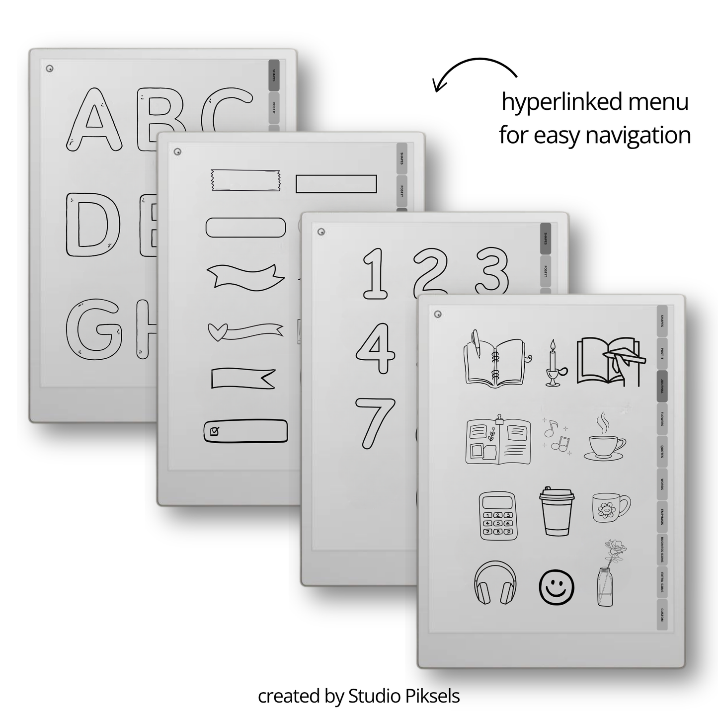 393 digital stickers for reMarkable Paper Pro and reMarkable 2 with shapes, icons, journaling elements, and decorative visuals for Capture Tool.