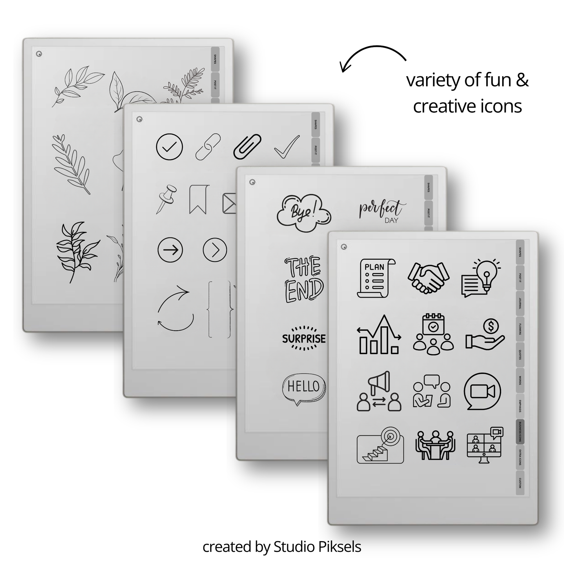 393 digital stickers for reMarkable Paper Pro and reMarkable 2 with shapes, icons, journaling elements, and decorative visuals for Capture Tool.