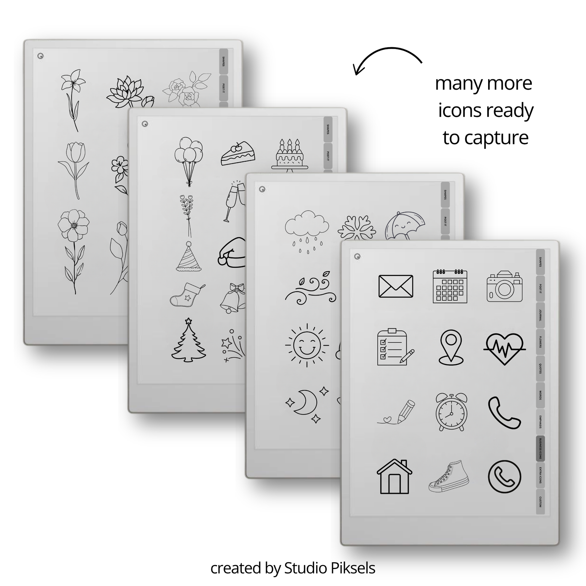 393 digital stickers for reMarkable Paper Pro and reMarkable 2 with shapes, icons, journaling elements, and decorative visuals for Capture Tool.