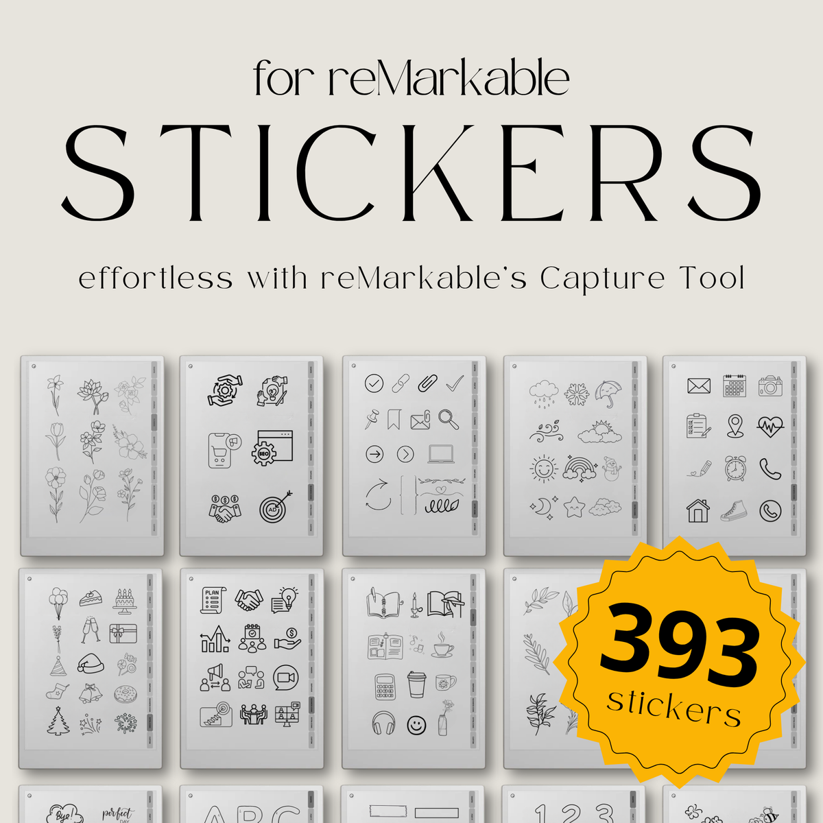 393 digital stickers for reMarkable Paper Pro and reMarkable 2 with shapes, icons, journaling elements, and decorative visuals for Capture Tool.