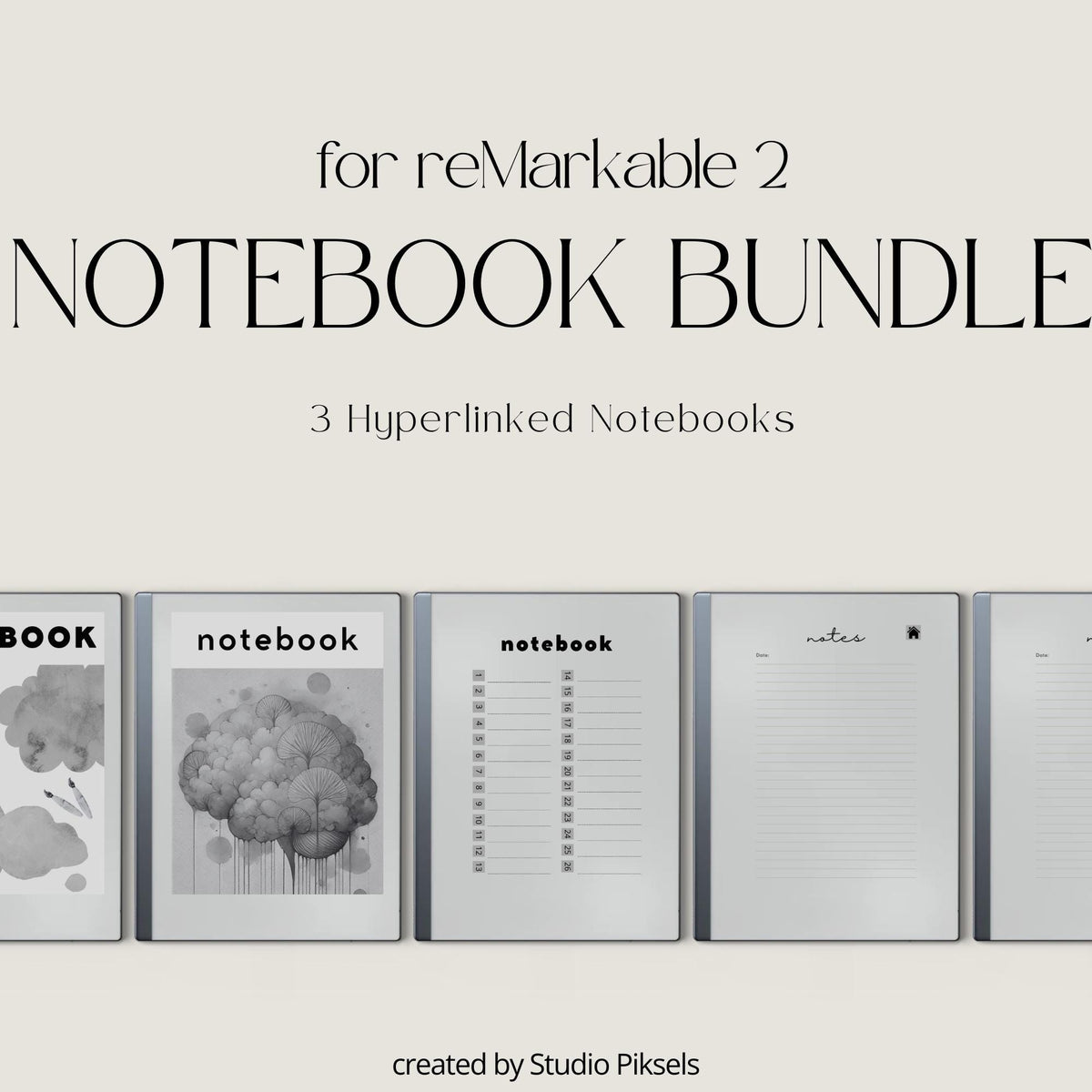 Hyperlinked Notebook Bundle for reMarkable 2 and reMarkable Paper Pure featuring artistic digital notebooks with lined pages, clickable indexes, and abstract cover designs