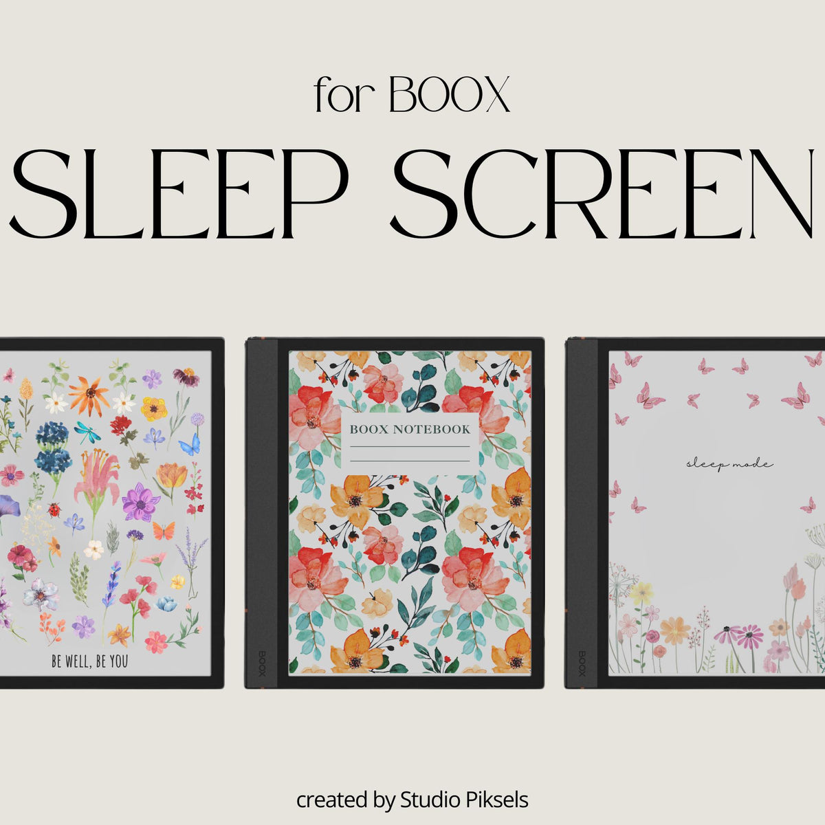 BOOX Sleep Screen Bundle with floral and butterfly nature-inspired screen covers for BOOX color and grayscale E Ink devices