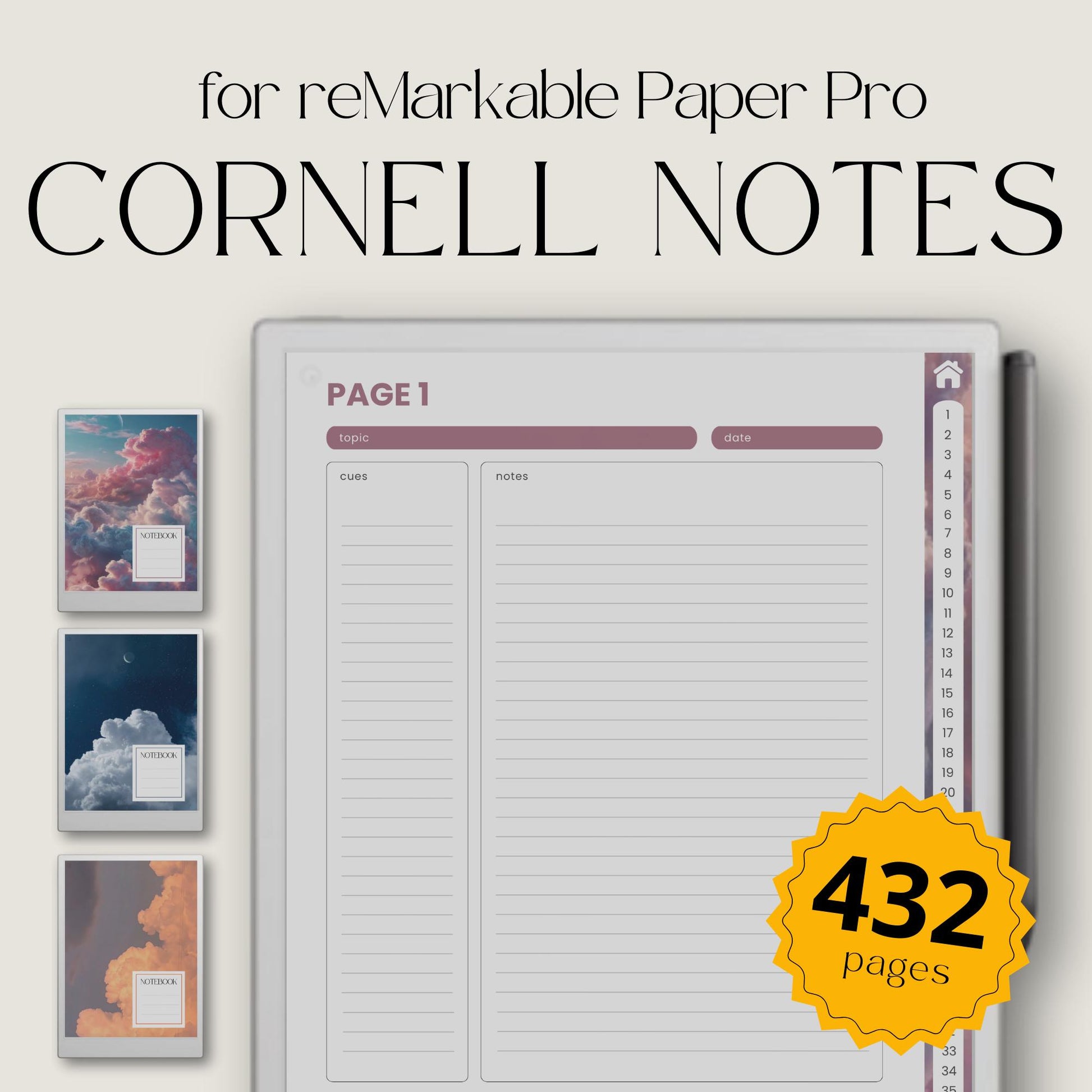 Cornell notes for reMarkable Paper Pro with hyperlinked navigation and structured note-taking pages.