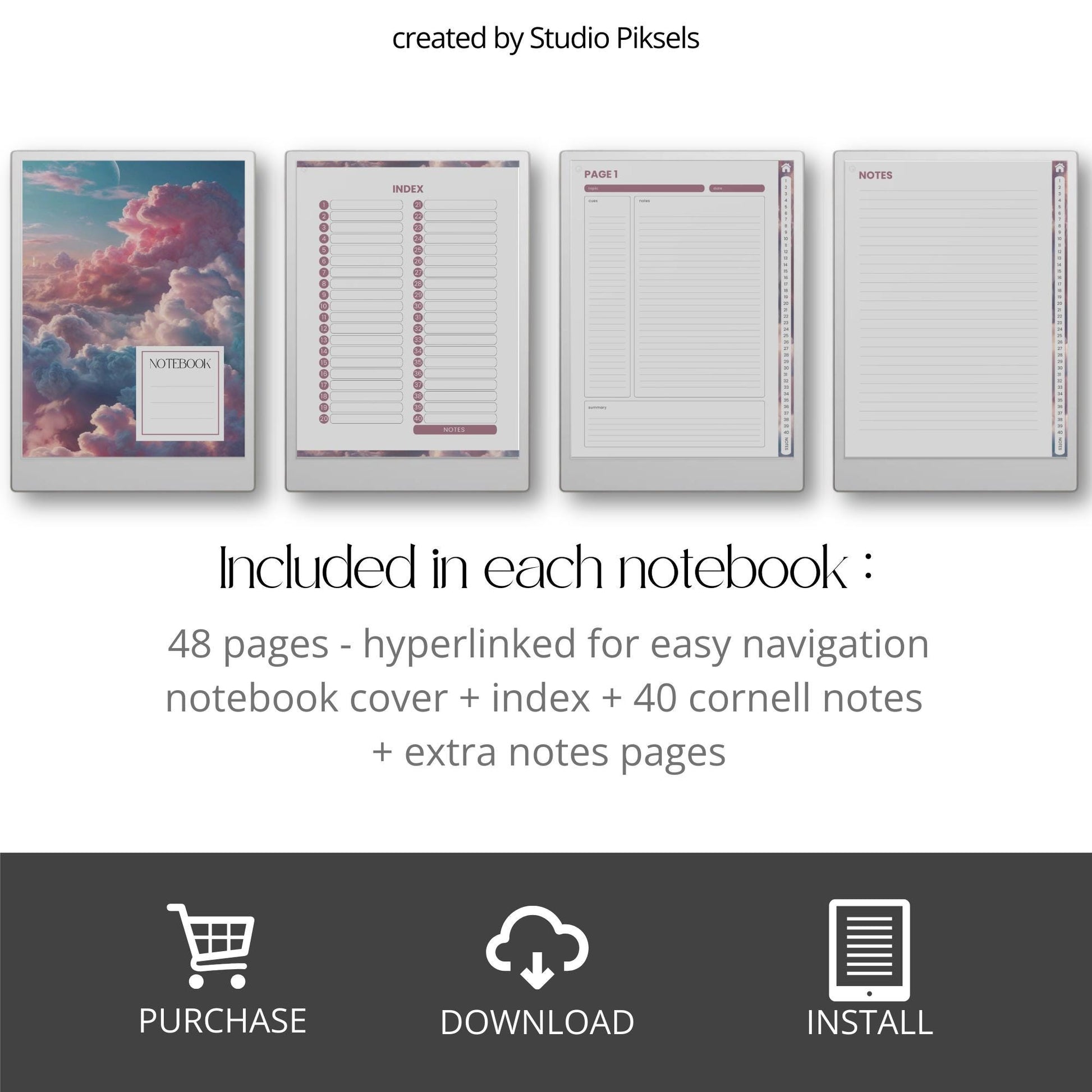Cornell notes for reMarkable Paper Pro with hyperlinked navigation and structured note-taking pages.