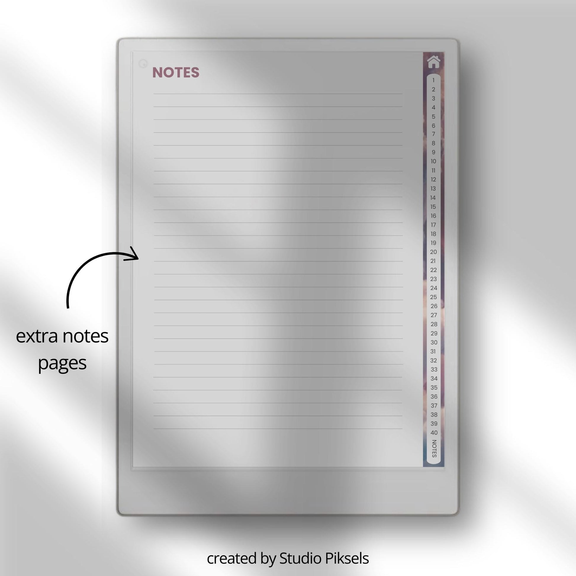 Cornell notes for reMarkable Paper Pro with hyperlinked navigation and structured note-taking pages.