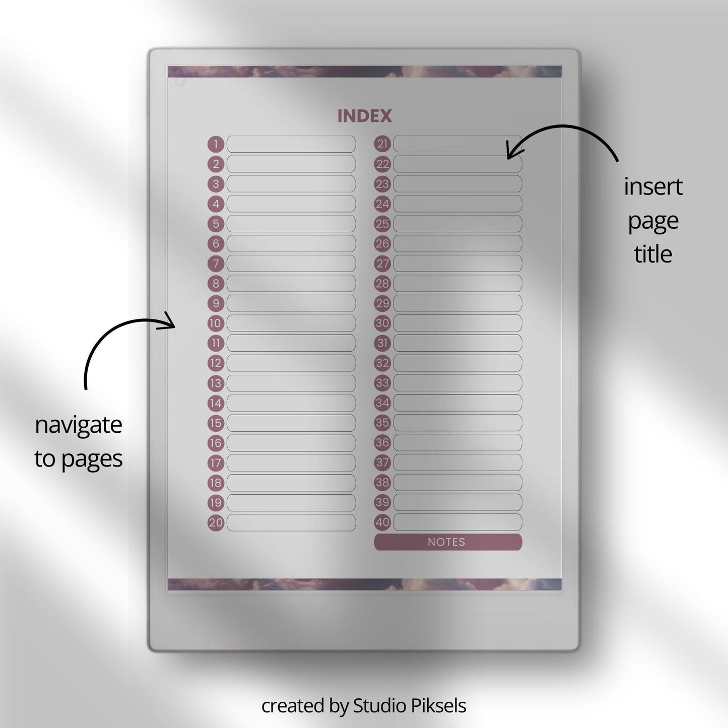 Cornell notes for reMarkable Paper Pro with hyperlinked navigation and structured note-taking pages.