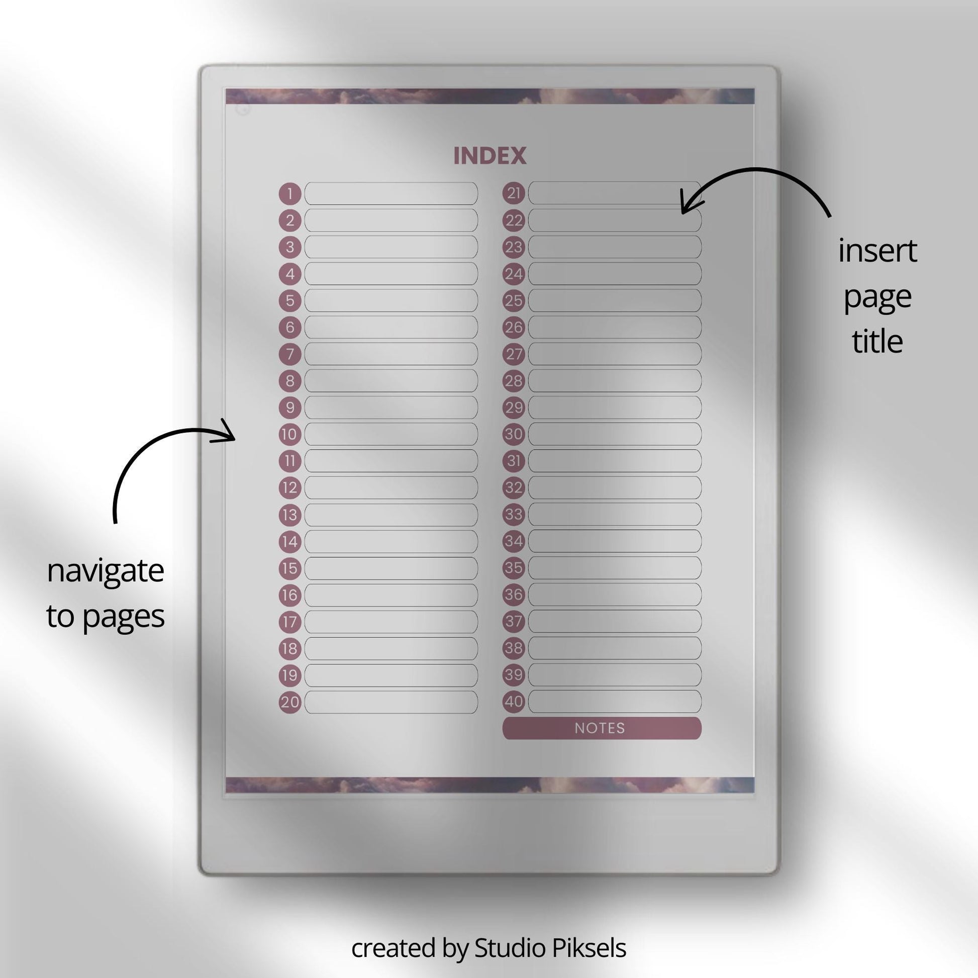 Cornell notes for reMarkable Paper Pro with hyperlinked navigation and structured note-taking pages.
