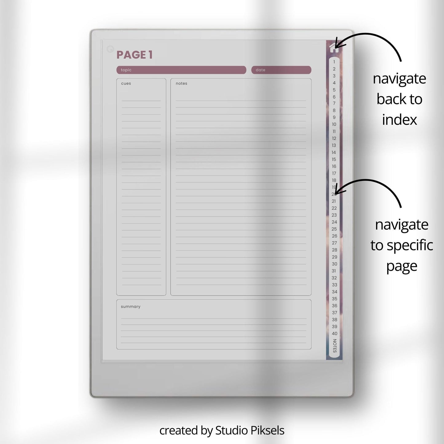 Cornell notes for reMarkable Paper Pro with hyperlinked navigation and structured note-taking pages.