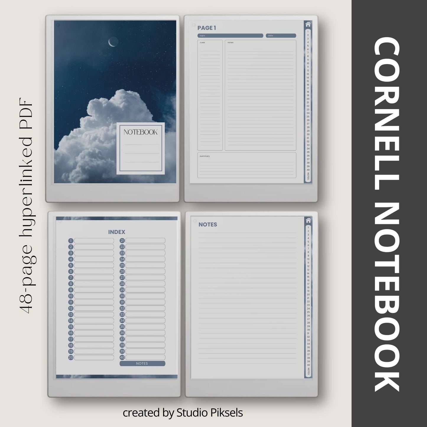 Cornell notes for reMarkable Paper Pro with hyperlinked navigation and structured note-taking pages.
