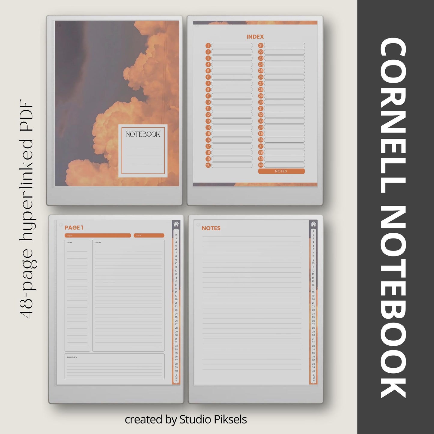 Cornell notes for reMarkable Paper Pro with hyperlinked navigation and structured note-taking pages.