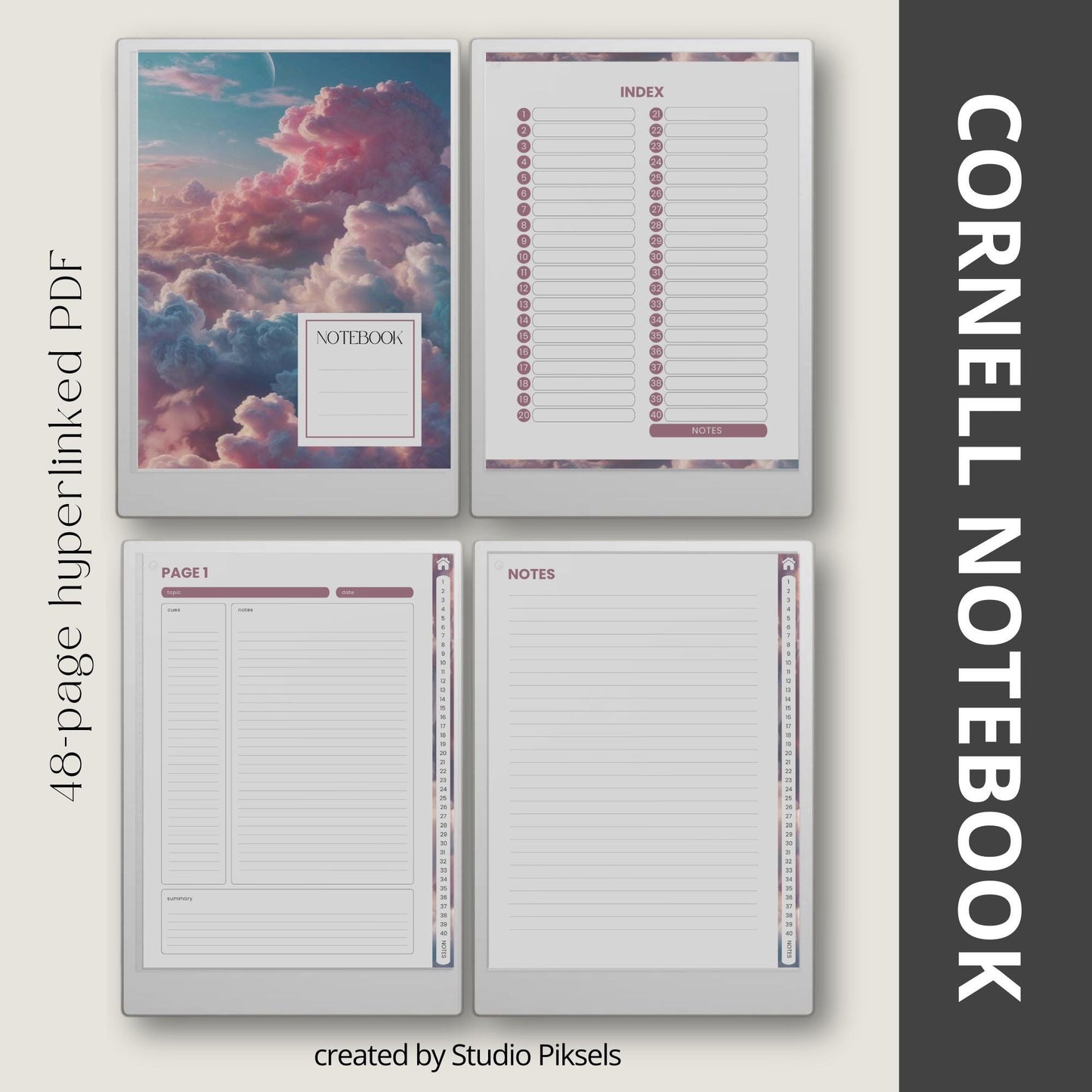 Cornell notes for reMarkable Paper Pro with hyperlinked navigation and structured note-taking pages.