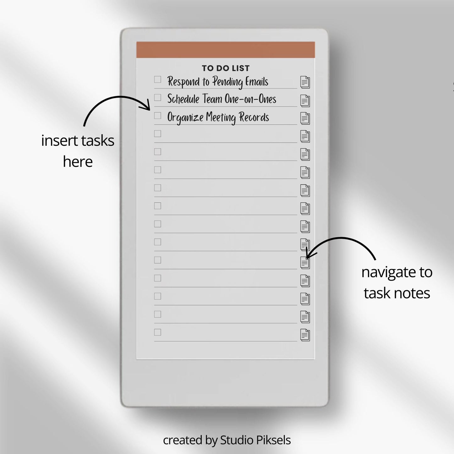 To-do list notebook for reMarkable Paper Pro Move with hyperlinked tasks and linked notes pages.