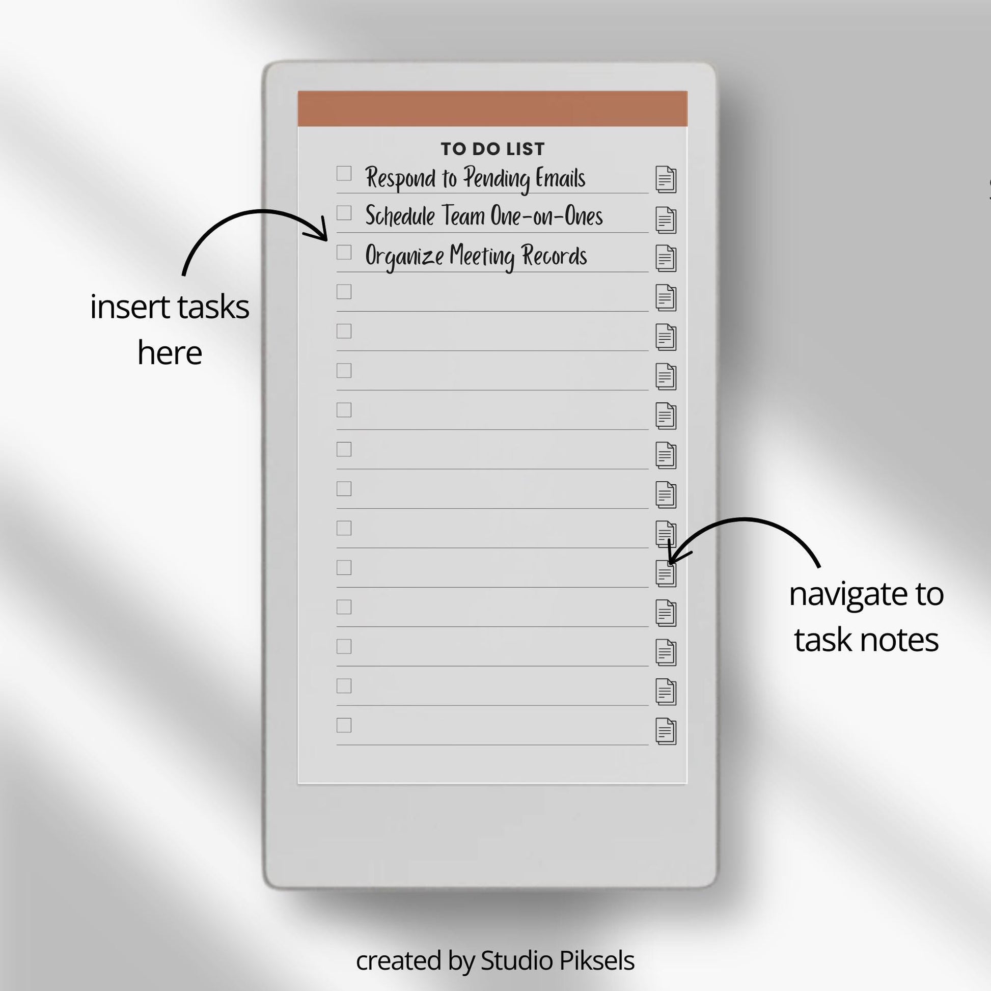 To-do list notebook for reMarkable Paper Pro Move with hyperlinked tasks and linked notes pages.