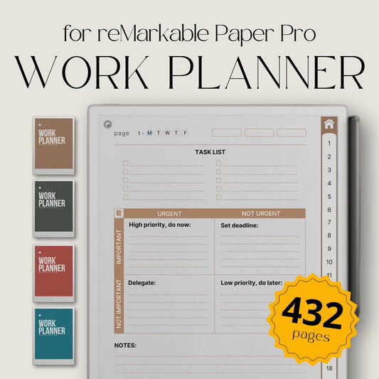 Hyperlinked work planner with Eisenhower Matrix layout for reMarkable Paper Pro.