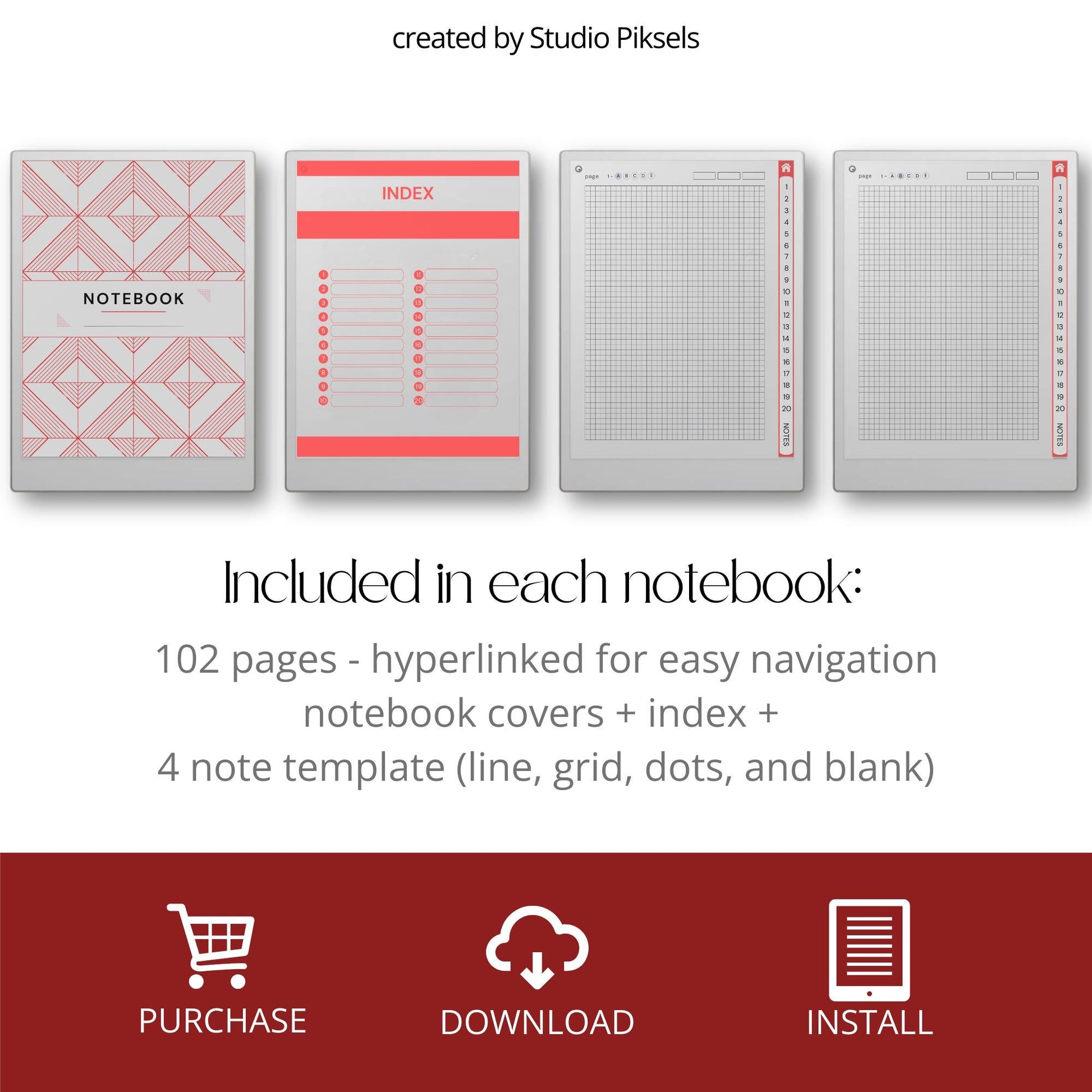 Custom index notebooks for reMarkable Paper Pro with lined, grid, dotted, and blank hyperlinked notebooks and clickable index.