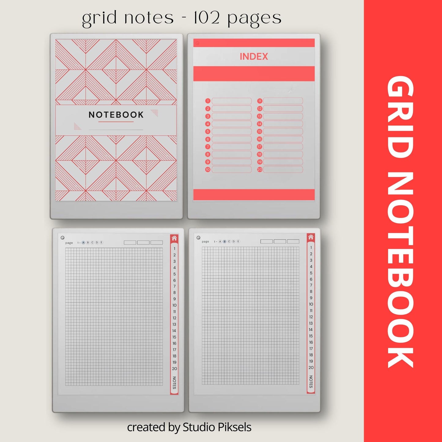 Custom index notebooks for reMarkable Paper Pro with lined, grid, dotted, and blank hyperlinked notebooks and clickable index.