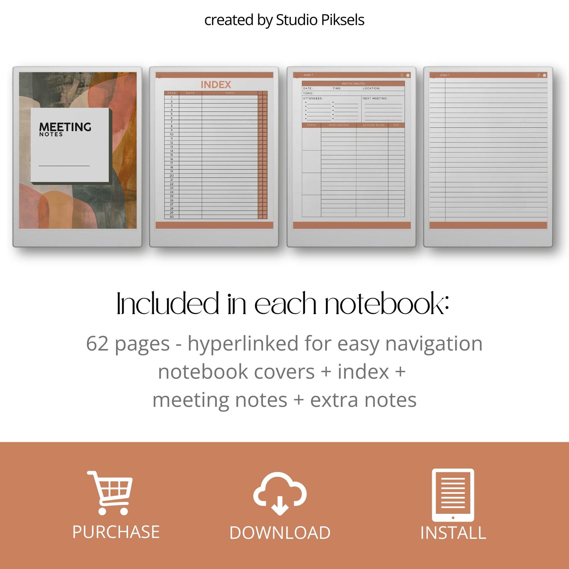 Meeting Notes for reMarkable Paper Pro with hyperlinked index, meeting minutes template, and four 62 page PDF notebooks.