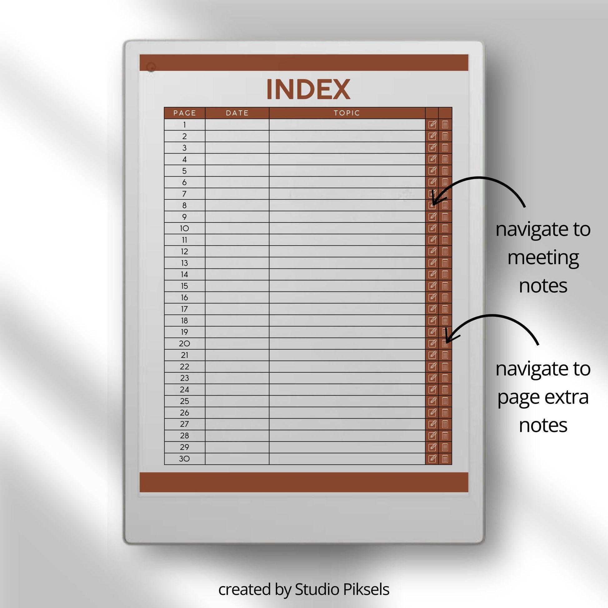 Meeting Notes for reMarkable Paper Pro with hyperlinked index, meeting minutes template, and four 62 page PDF notebooks.