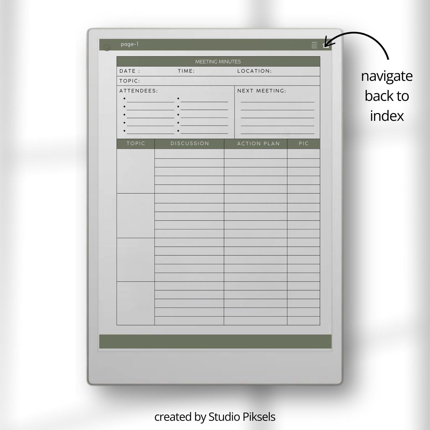 Meeting Notes for reMarkable Paper Pro with hyperlinked index, meeting minutes template, and four 62 page PDF notebooks.