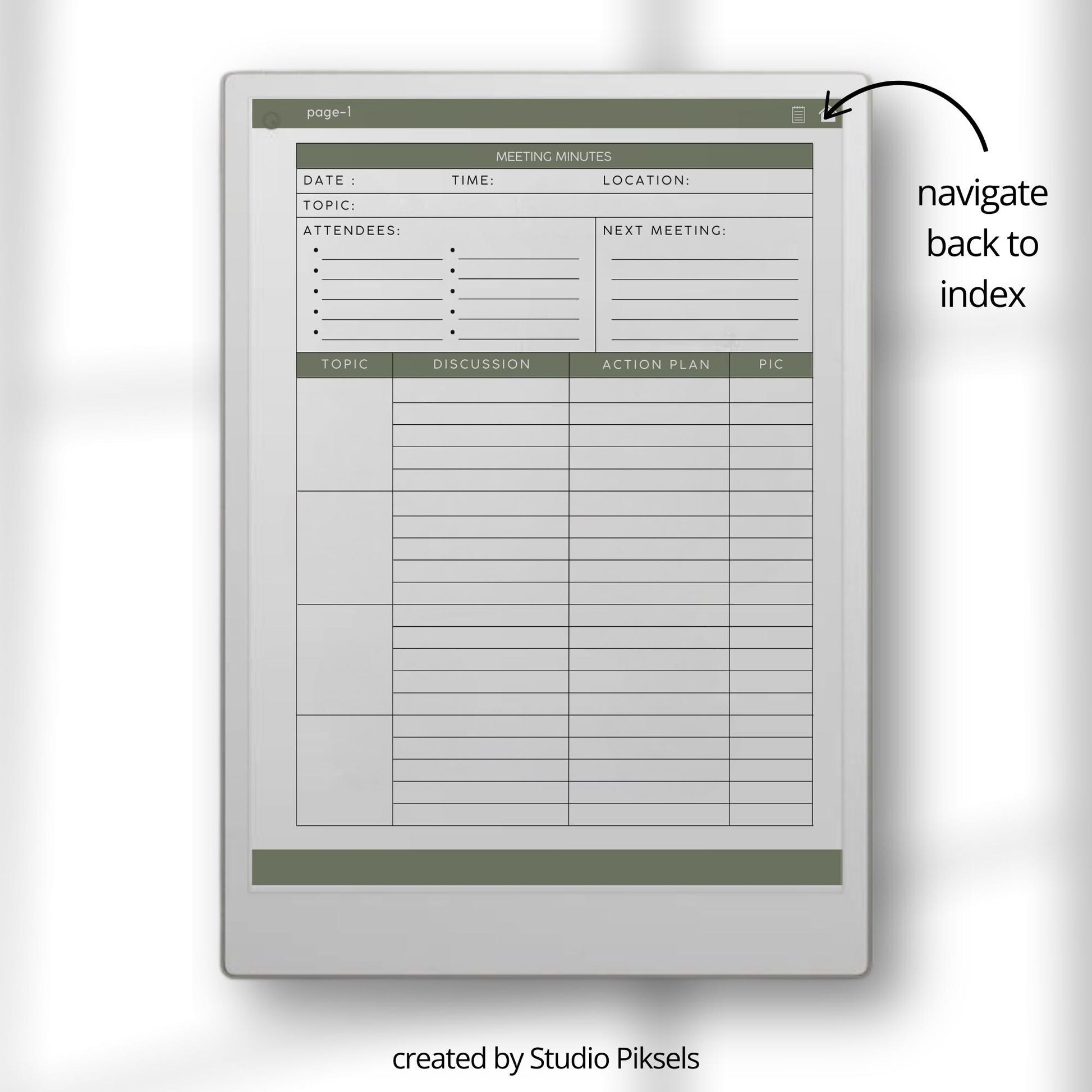 Meeting Notes for reMarkable Paper Pro with hyperlinked index, meeting minutes template, and four 62 page PDF notebooks.