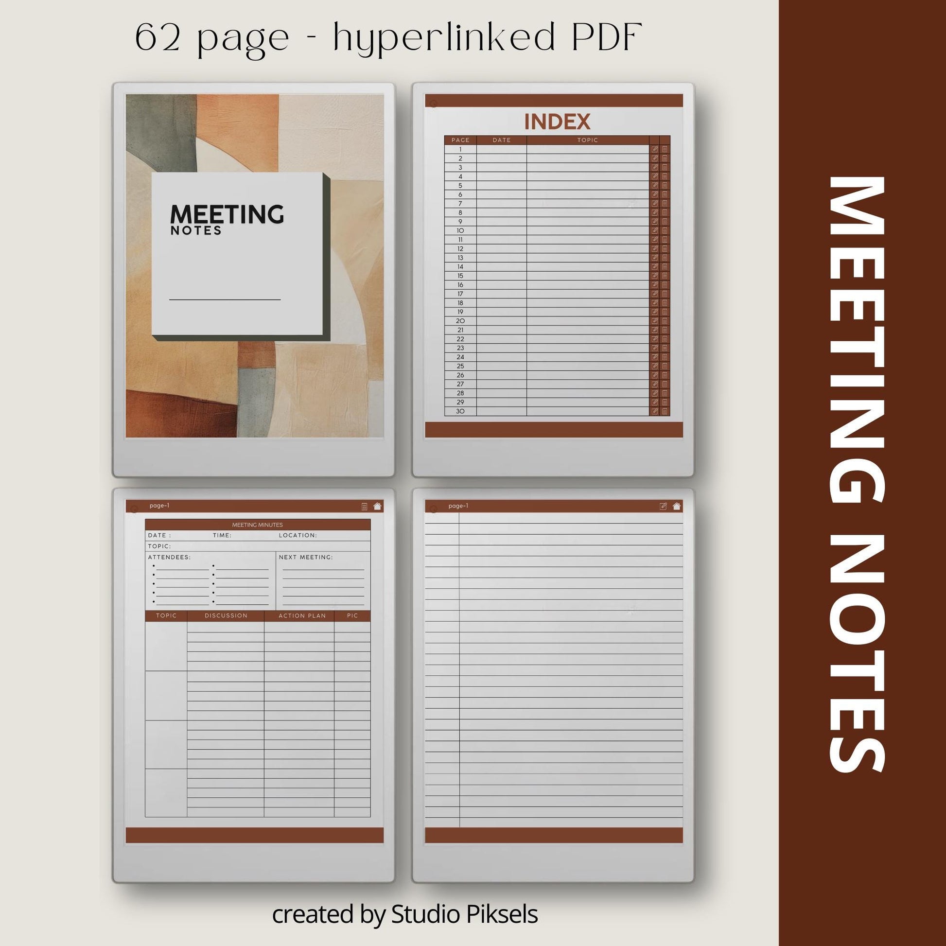 Meeting Notes for reMarkable Paper Pro with hyperlinked index, meeting minutes template, and four 62 page PDF notebooks.