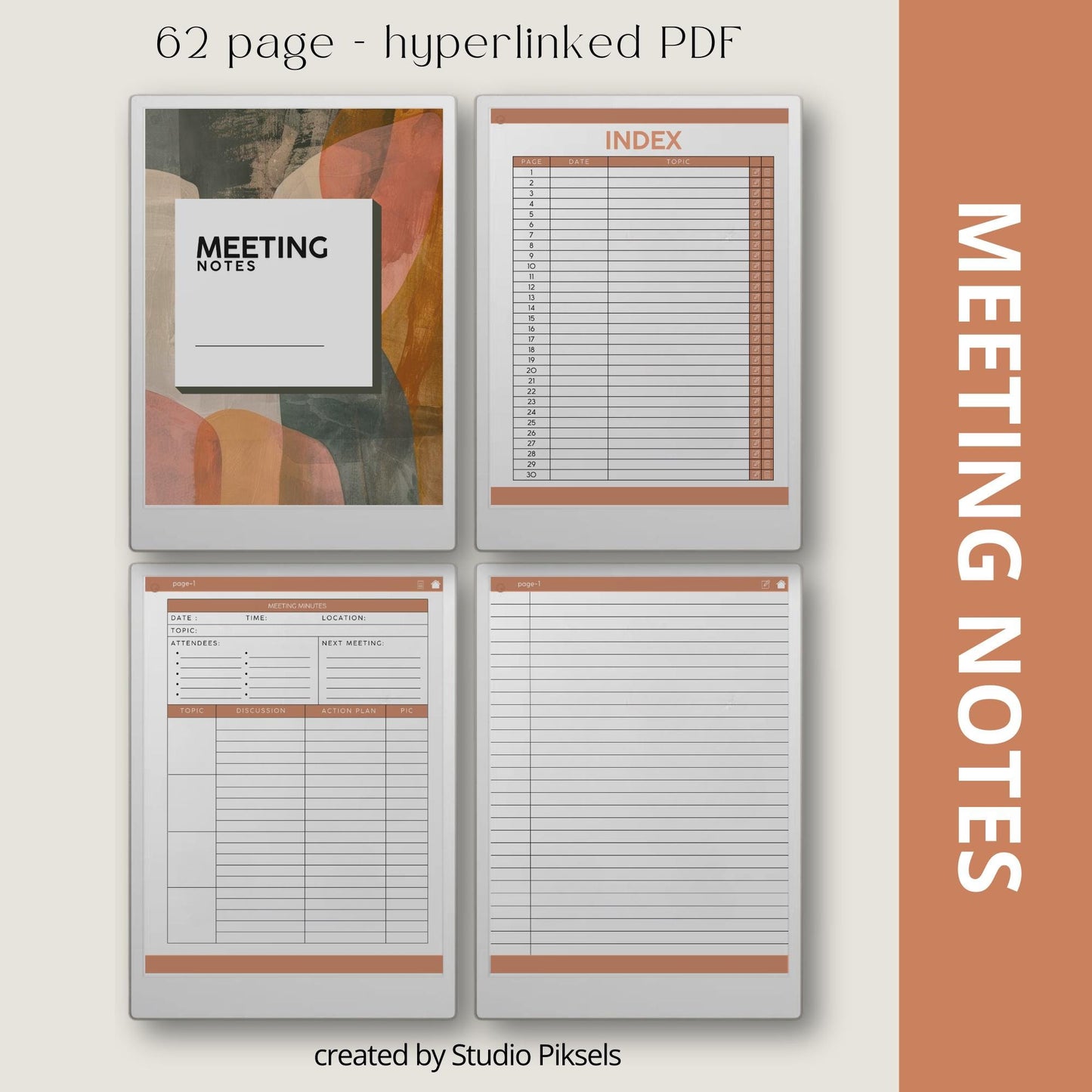 Meeting Notes for reMarkable Paper Pro with hyperlinked index, meeting minutes template, and four 62 page PDF notebooks.