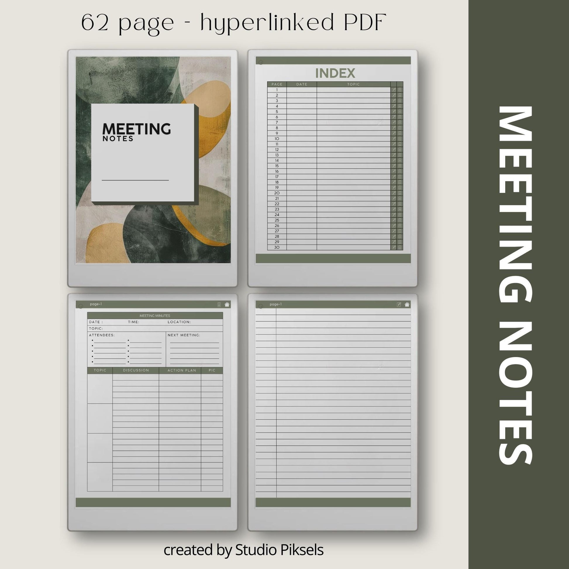 Meeting Notes for reMarkable Paper Pro with hyperlinked index, meeting minutes template, and four 62 page PDF notebooks.
