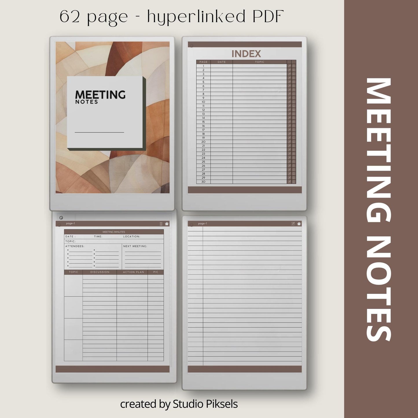 Meeting Notes for reMarkable Paper Pro with hyperlinked index, meeting minutes template, and four 62 page PDF notebooks.