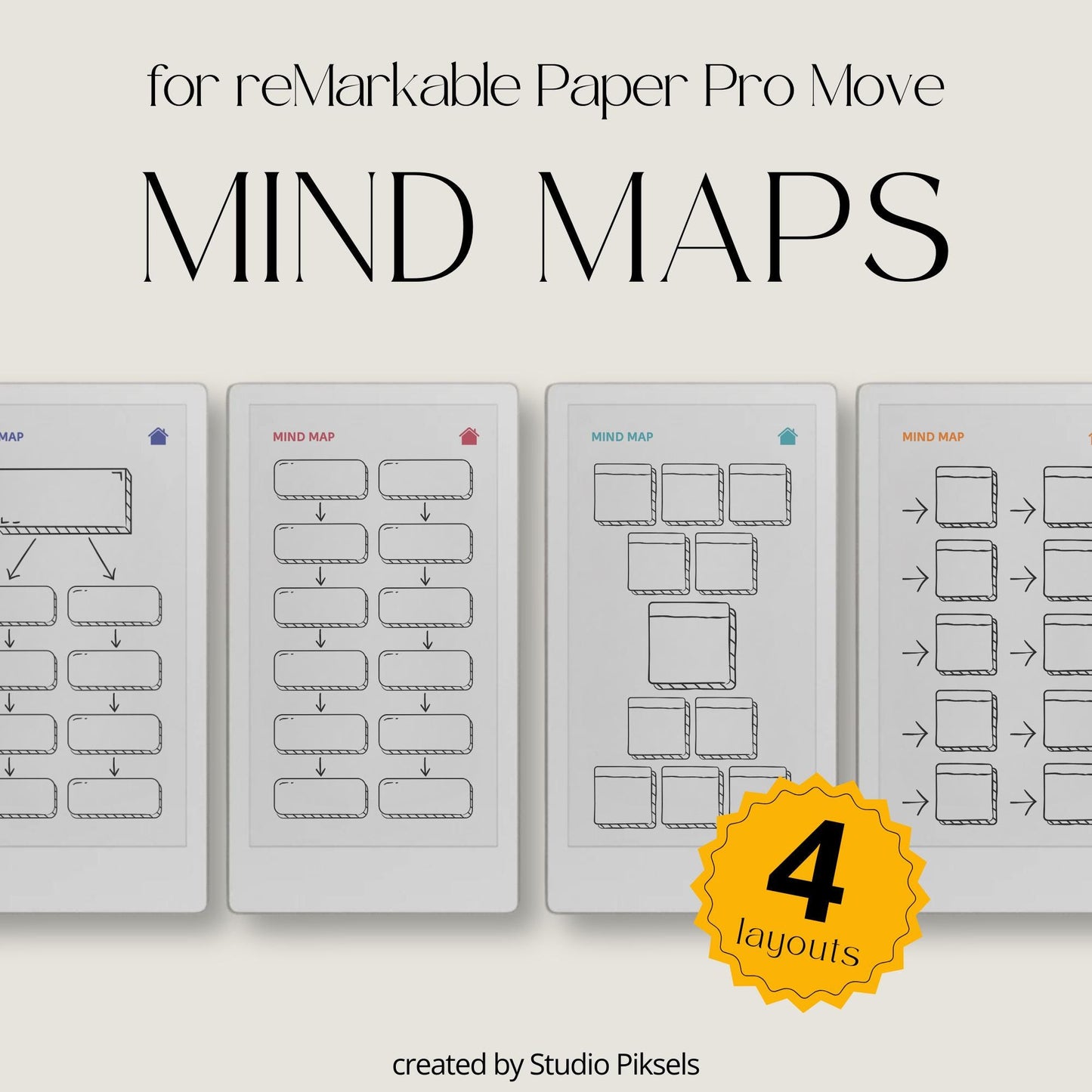 Mind Map Notebooks for reMarkable Paper Pro Move with hyperlinked mind map pages, notes sections, and four color layouts.