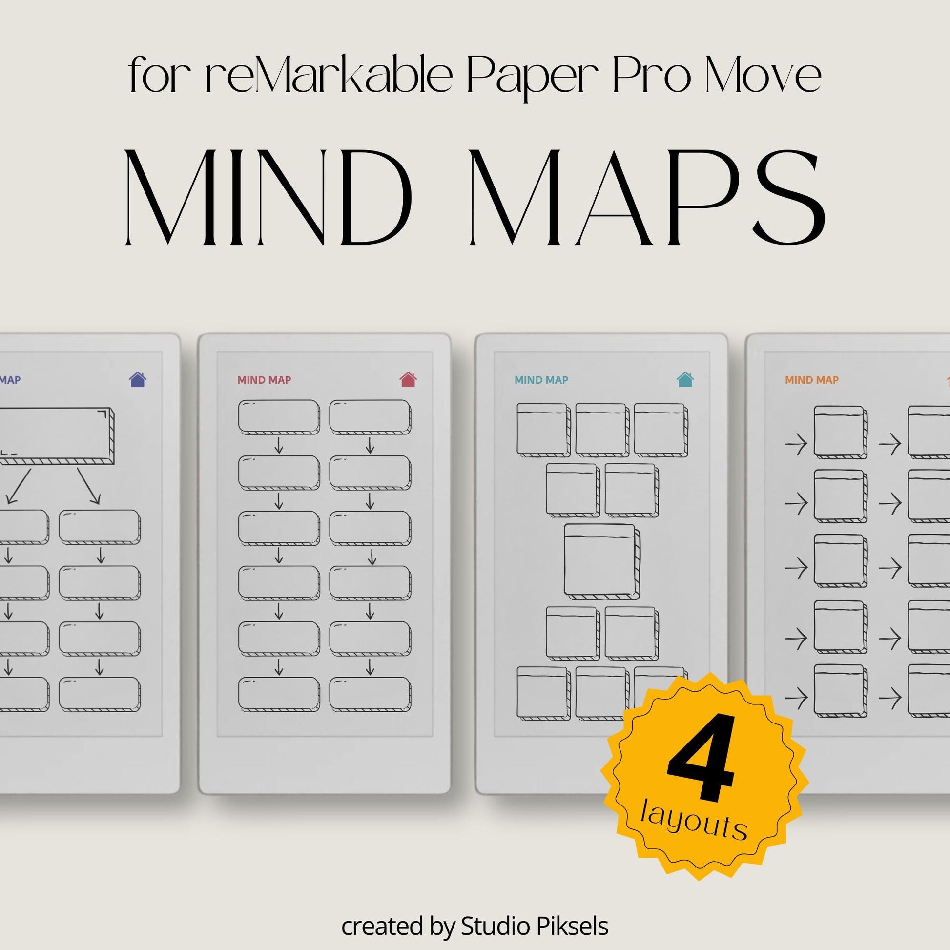 Mind Map Notebooks for reMarkable Paper Pro Move with hyperlinked mind map pages, notes sections, and four color layouts.