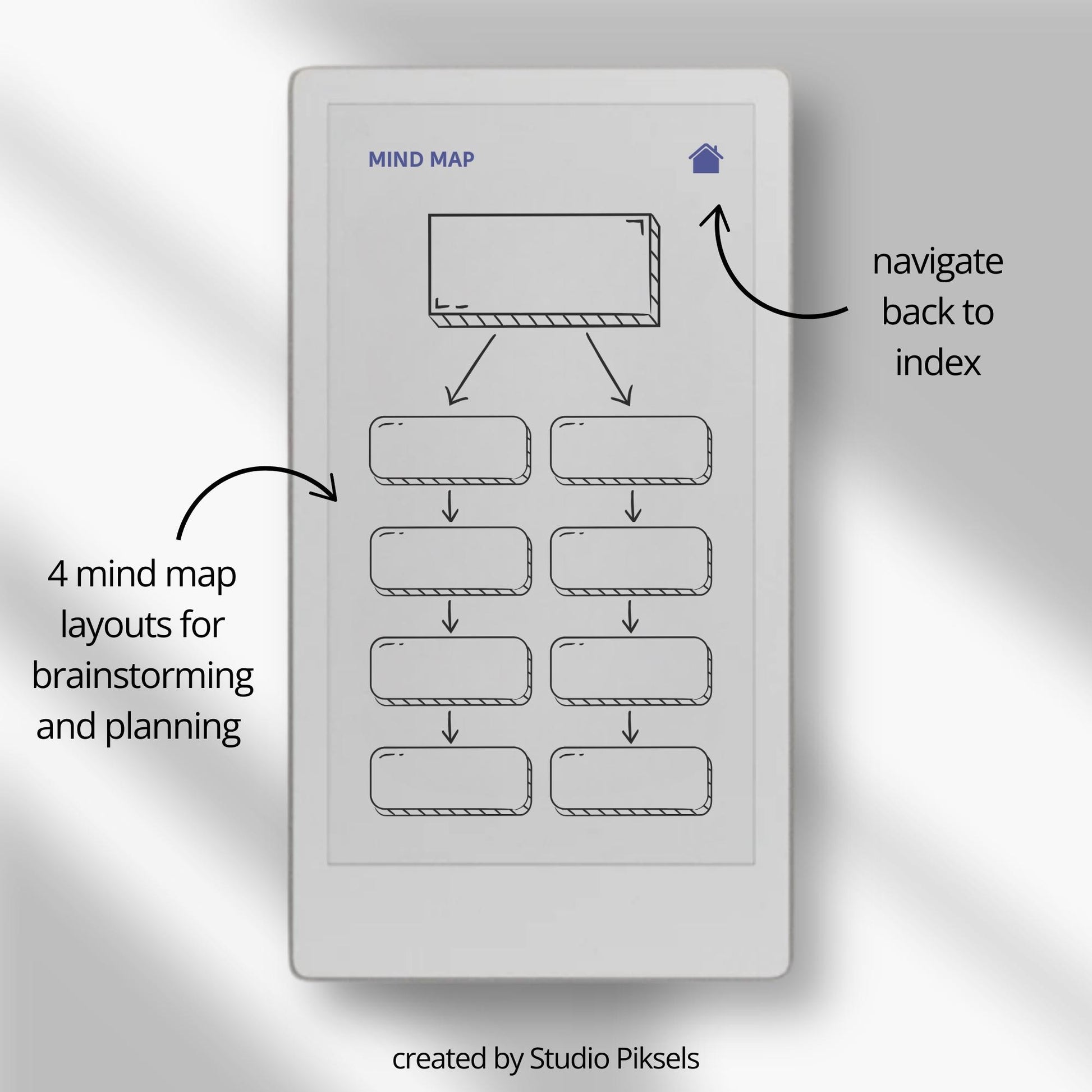Mind Map Notebooks for reMarkable Paper Pro Move with hyperlinked mind map pages, notes sections, and four color layouts.