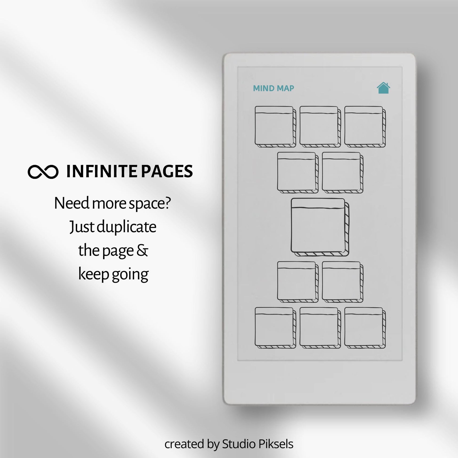 Mind Map Notebooks for reMarkable Paper Pro Move with hyperlinked mind map pages, notes sections, and four color layouts.
