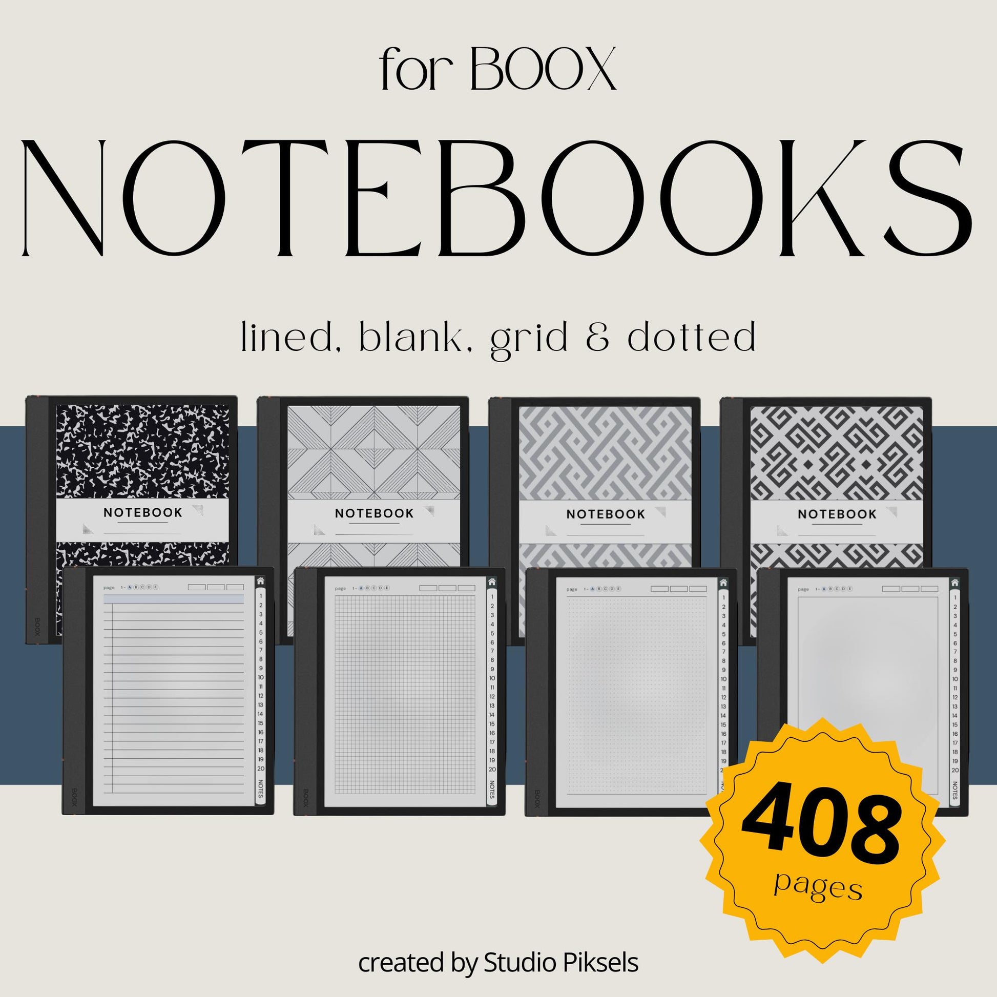 4-in-1 Custom Index Notebooks for BOOX with hyperlinked lined, grid, dotted, and blank digital notebooks for organized note-taking.