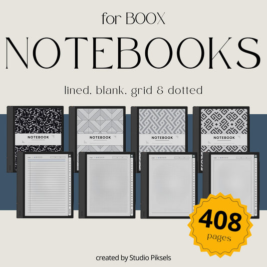 4-in-1 Custom Index Notebooks for BOOX with hyperlinked lined, grid, dotted, and blank digital notebooks for organized note-taking.