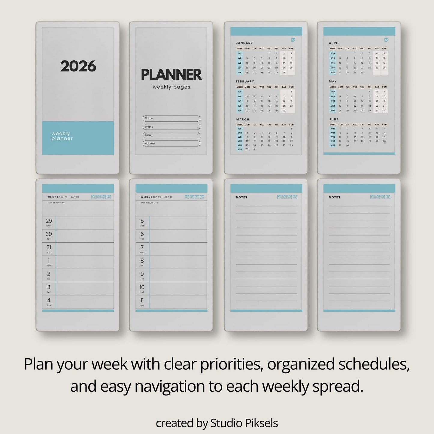 2026 Hyperlinked Weekly Planner for reMarkable Paper Pro Move