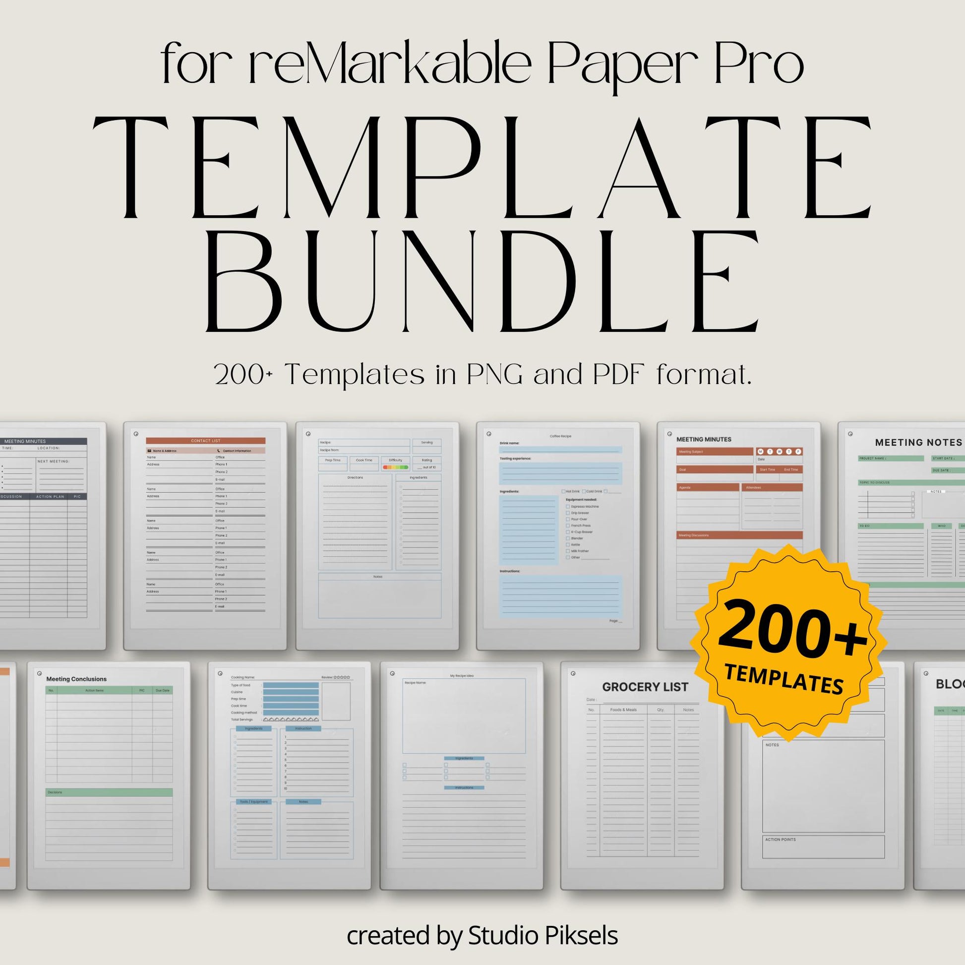 Starter Template Bundle for reMarkable Paper Pro with over 200 minimalist page layouts, productivity tracking forms, and clean digital note-taking templates.