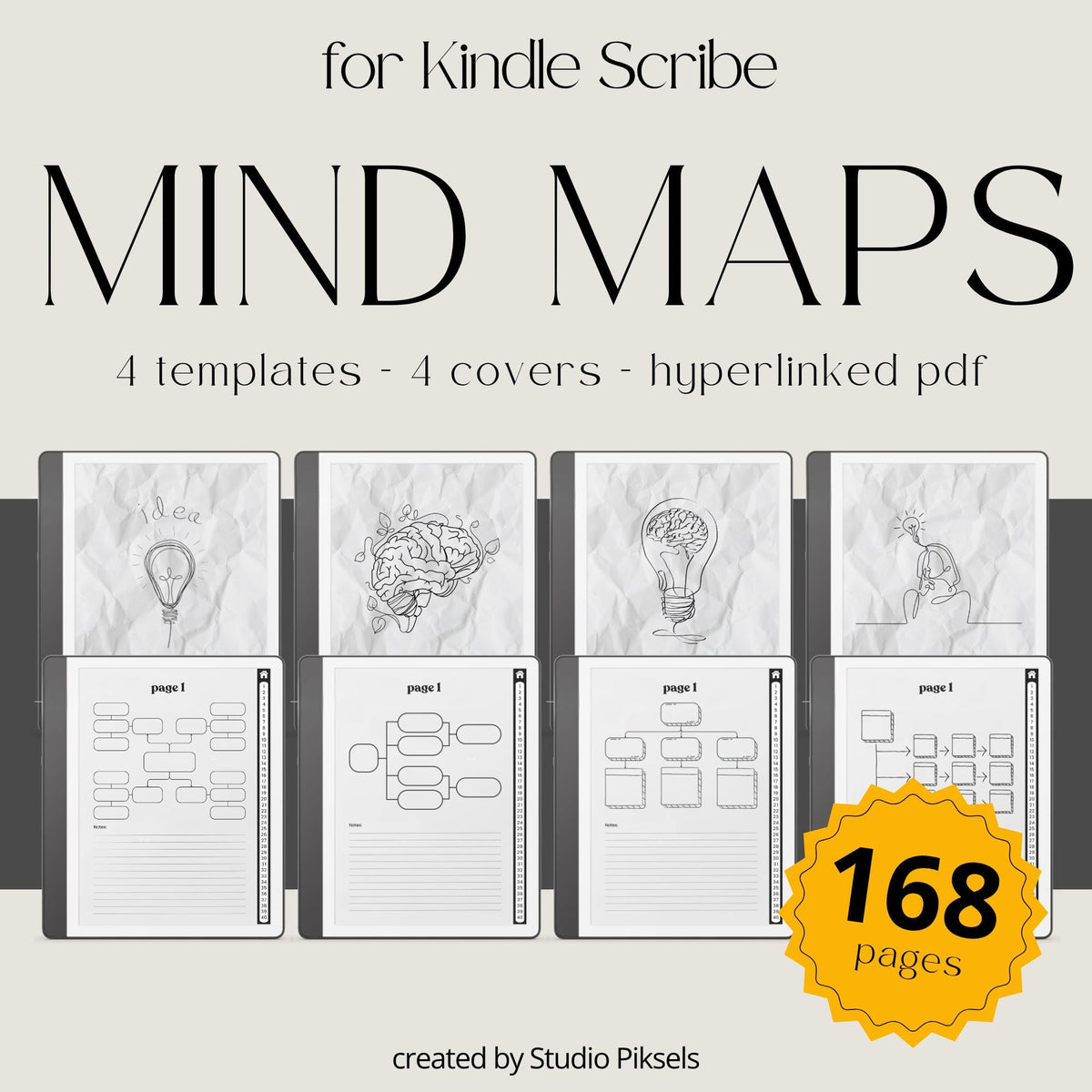 Mind Maps Bundle for Kindle Scribe with hyperlinked brainstorming notebooks, visual planning templates, and grayscale mind mapping layouts.