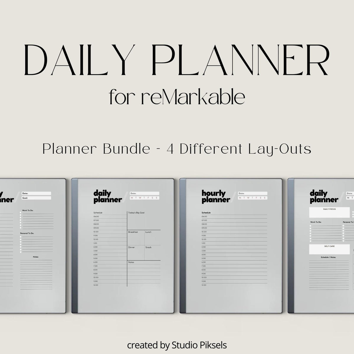 Daily Planner Bundle for reMarkable 2 and reMarkable Paper Pure featuring minimalist digital planners with hourly schedules, task lists, meal planning, and notes sections