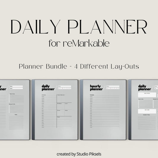Daily Planner Bundle for reMarkable 2 and reMarkable Paper Pure featuring minimalist digital planners with hourly schedules, task lists, meal planning, and notes sections