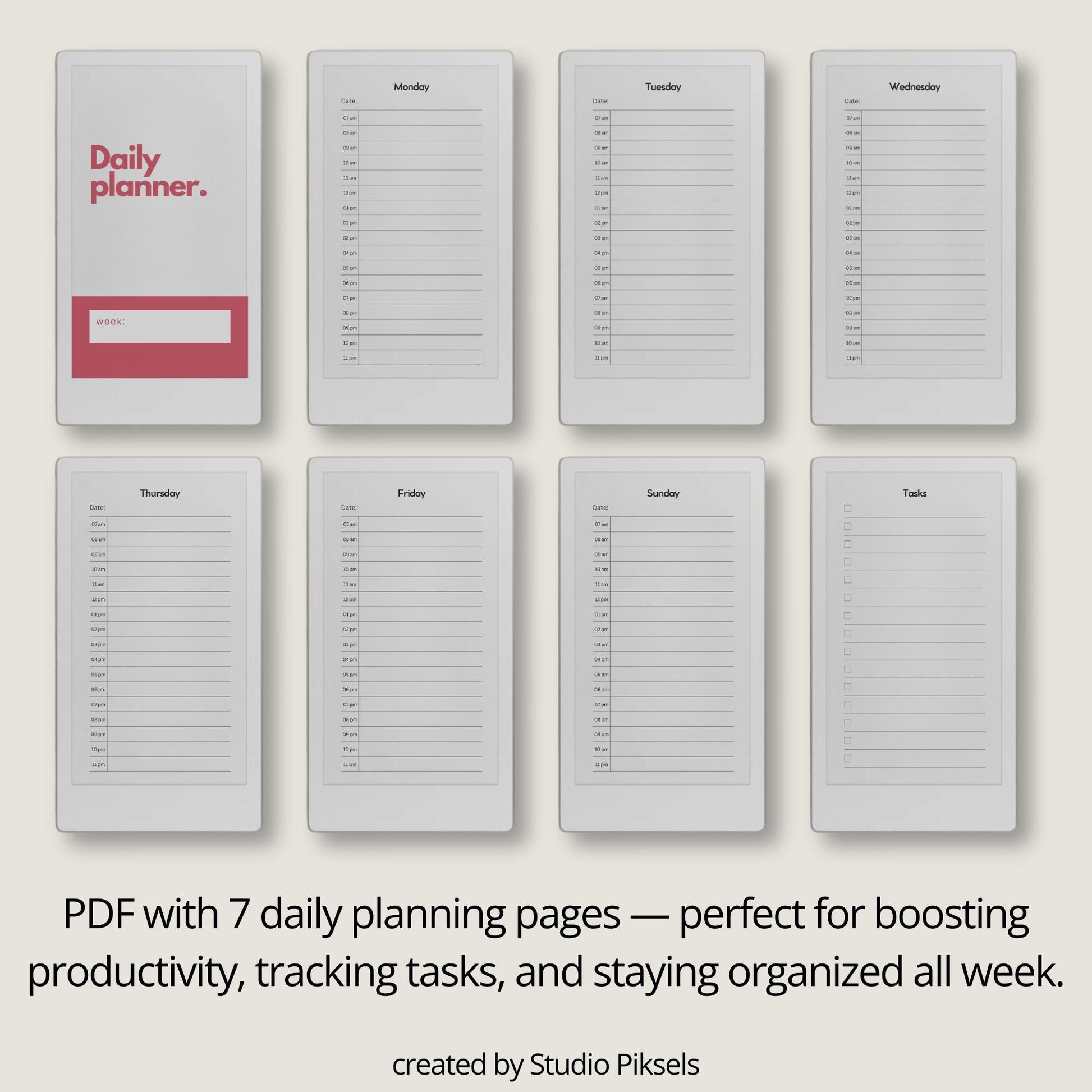 Daily planners for reMarkable Paper Pro Move with hourly schedule pages.