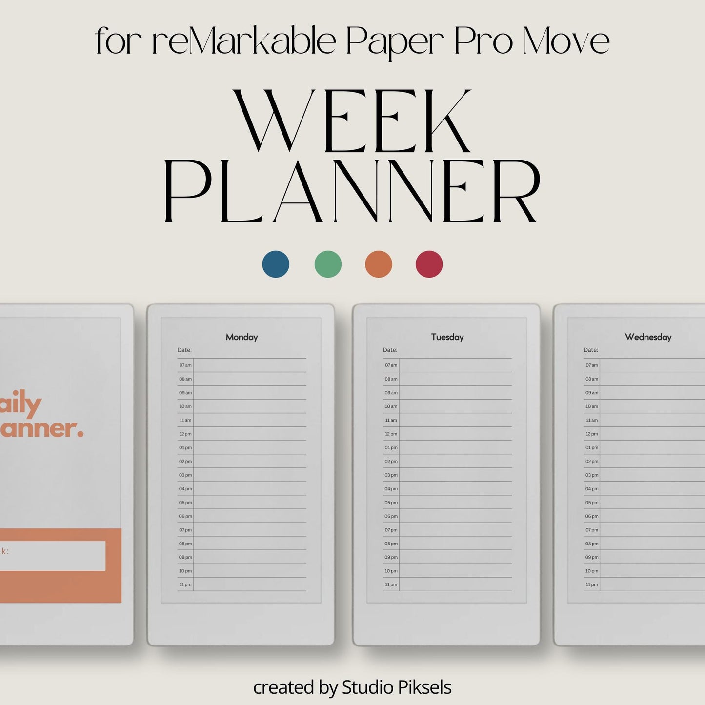 Daily planners for reMarkable Paper Pro Move with hourly schedule pages.