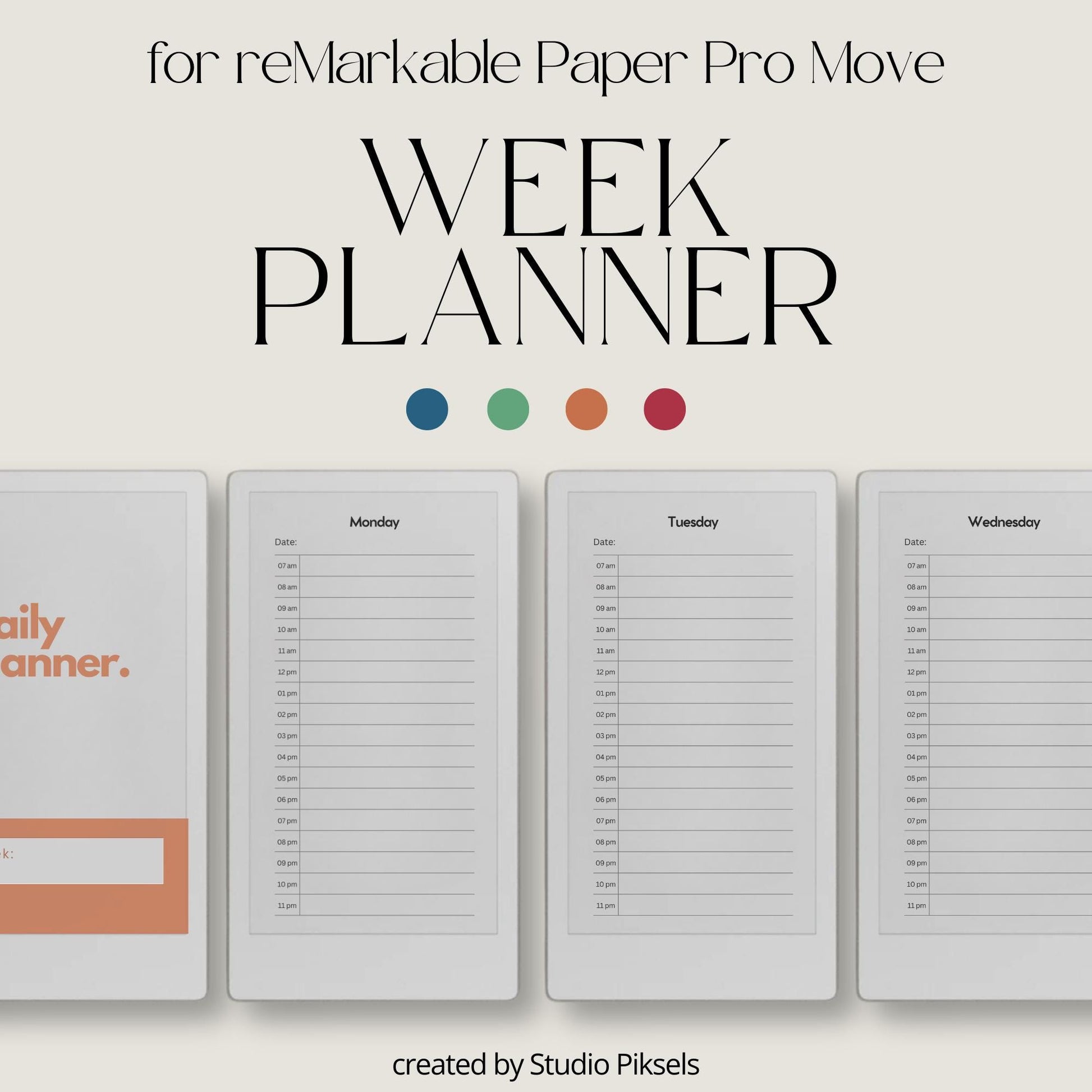 Daily planners for reMarkable Paper Pro Move with hourly schedule pages.