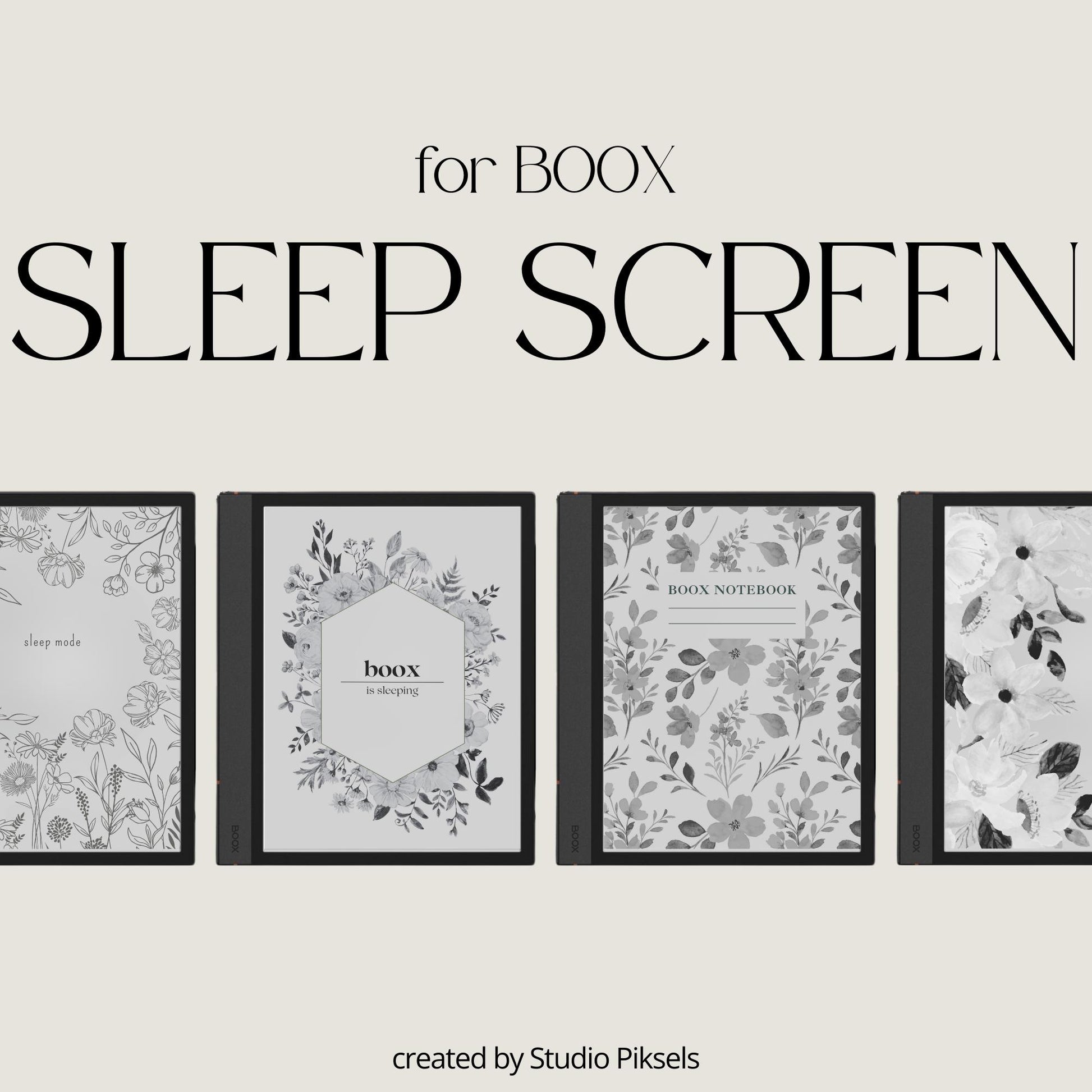 BOOX Sleep Screen Bundle with four elegant floral and botanical screen covers for BOOX and grayscale E Ink devices