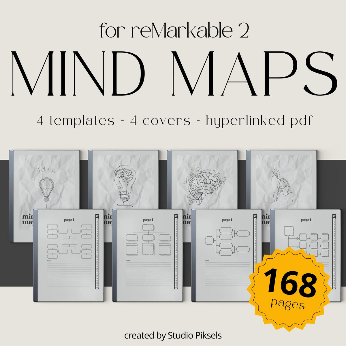 Mind Map Bundle for reMarkable 2 and reMarkable Paper Pure featuring hyperlinked brainstorming notebooks with reusable mind mapping layouts and lined notes sections